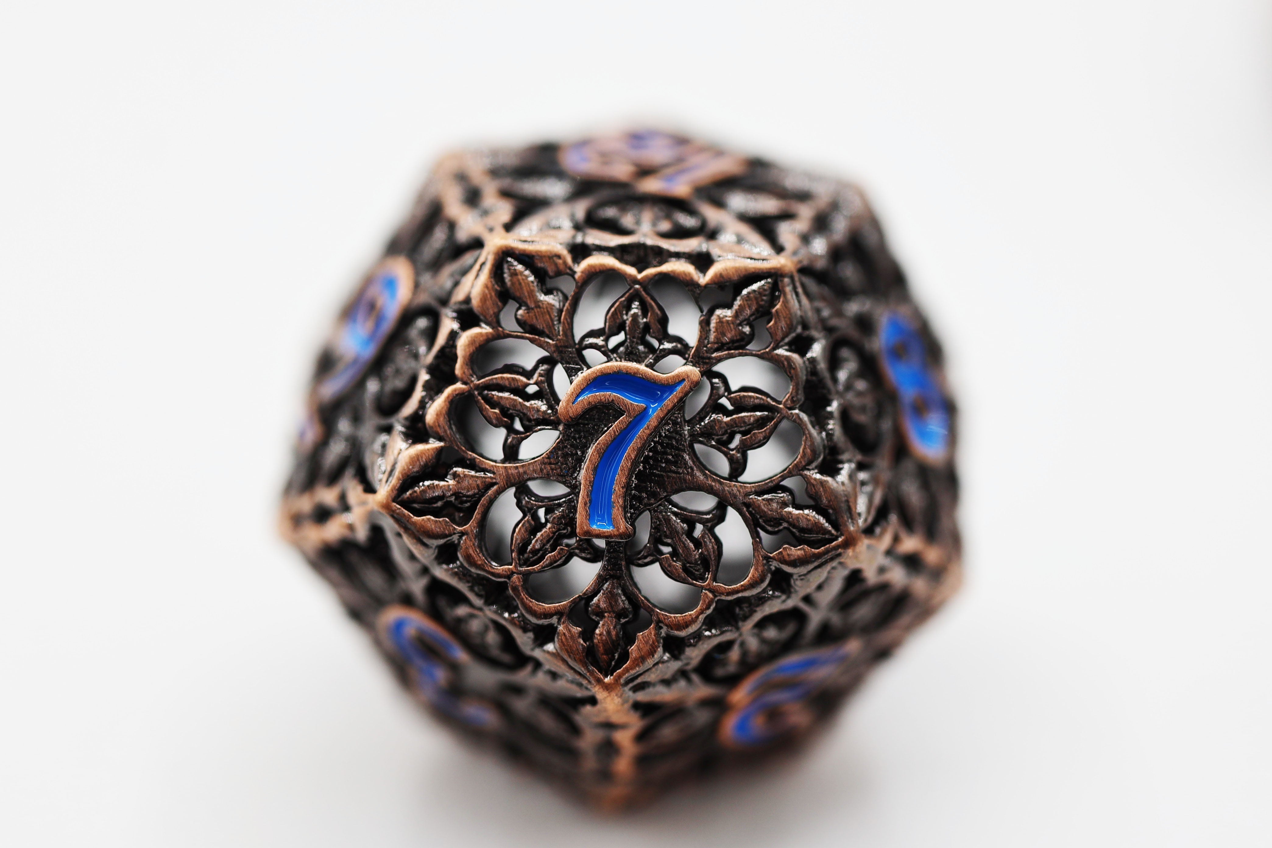 Fleur de Lis: Copper Azul - Hollow Metal RPG Dice Set - Bards & Cards