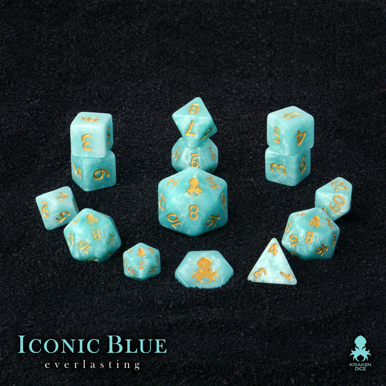 Kraken Dice - Iconic Blue: Everlasting 14pc Polyhedral Dice Set - Bards & Cards