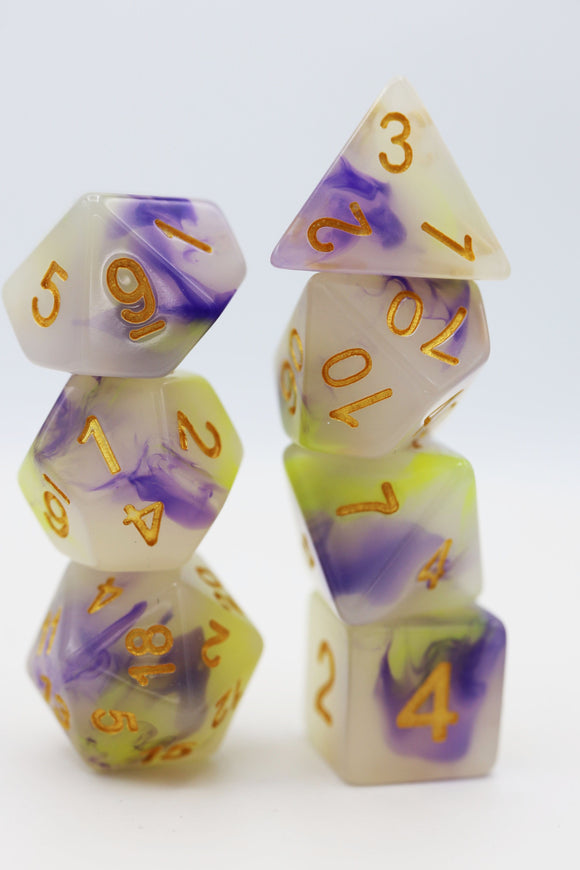 Yellow & Purple Jade RPG Dice Set - Bards & Cards