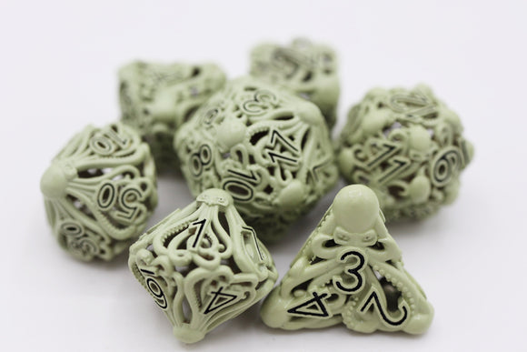 Mind Eater: Glow Green - Hollow Metal RPG Dice Set - Bards & Cards