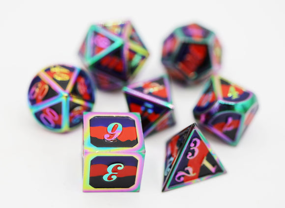 Polyamorous Pride Flag - Metal RPG Dice Set - Bards & Cards