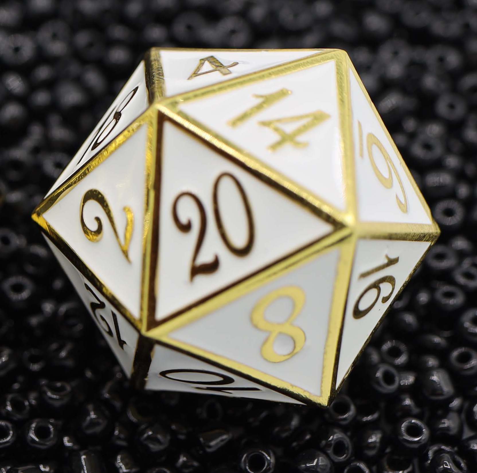 35mm Metal D20 - Gold with White - Bards & Cards